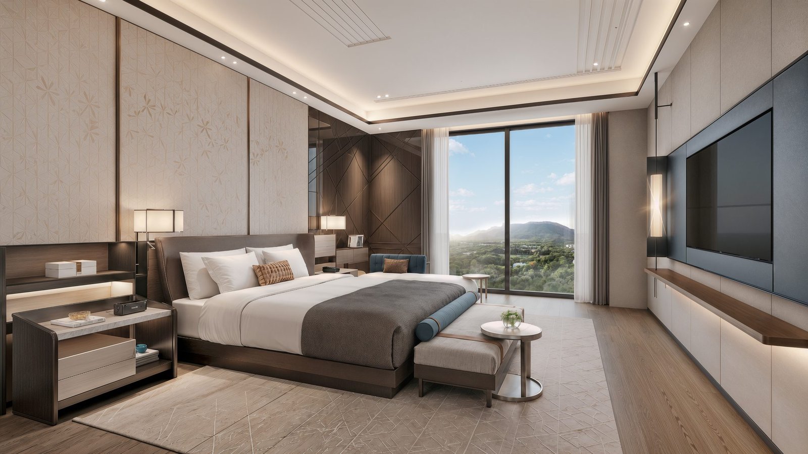 Deluxe Room at The Arkaa with a comfortable bed and hillside window view