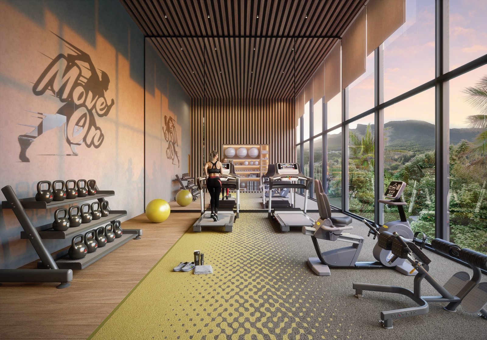 State-of-the-art gymnasium at The Arkaa with floor-to-ceiling views