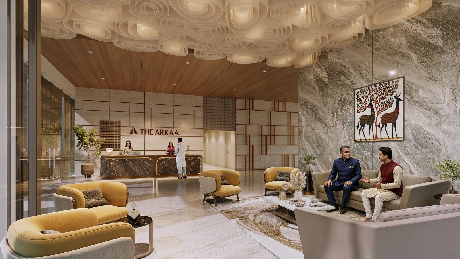 The Arkaa's grand double-height lobby and reception, finished in warm stone and timber