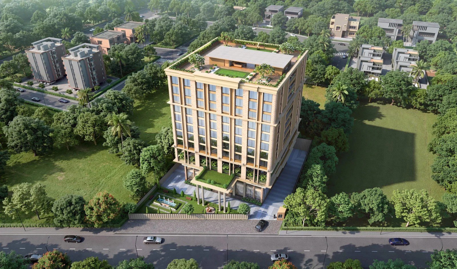 Aerial view of The Arkaa's hotel building amid Tirupati's green surroundings