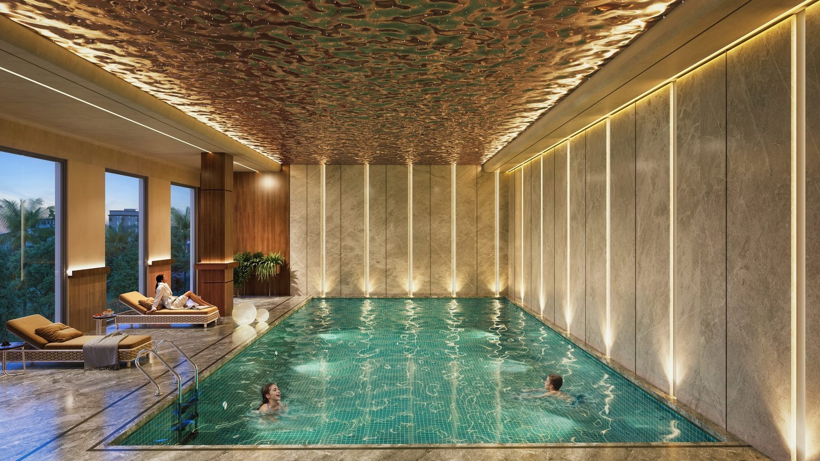 The Arkaa's temperature-controlled indoor swimming pool with ambient lighting