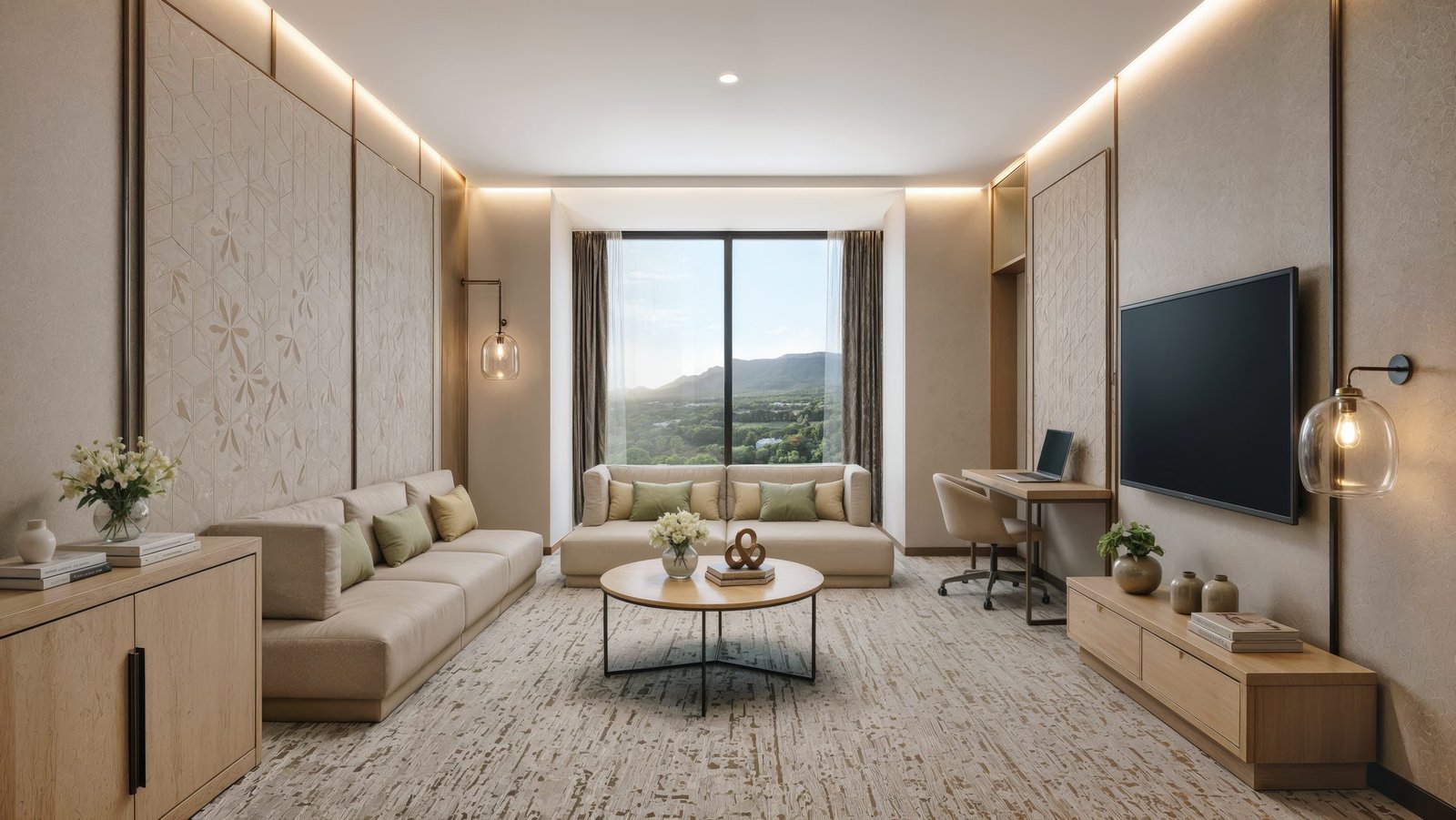 Suite living area at The Arkaa with dedicated seating and work zone